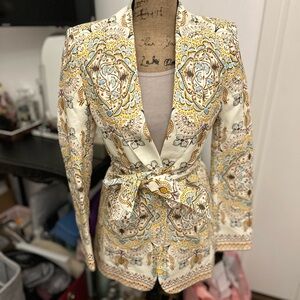 Zara blue and yellow floral motif on white linen blazer w belt tie. NWT